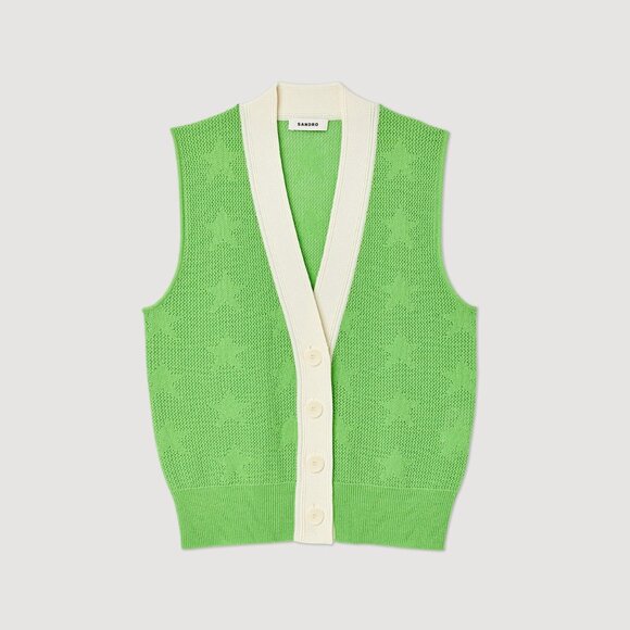 Sandro Tranquille Sleeveless Cardigan Buttons Pointelle Star Knit | Green | XS-S - Picture 1 of 12
